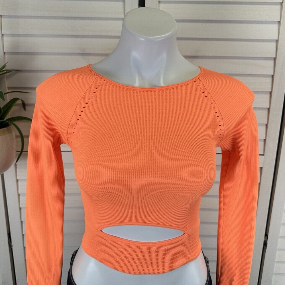 Free‎ People Movement Cut It Out Long Sleeve Crop Top Neon Orange Size XS/S - Picture 3 of 9